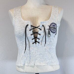 Vintage Sturgis Lace-Up Tank Top S/M By Wave Trade Crop Gray Graphics 1995